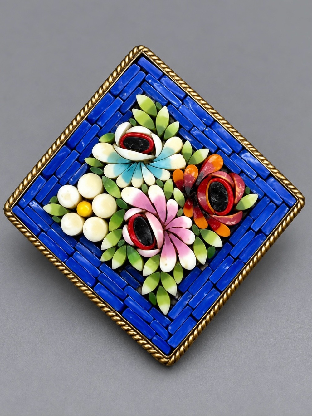 Vintage Floral Mosaic Brooch in Blue with Multicolor Flowers